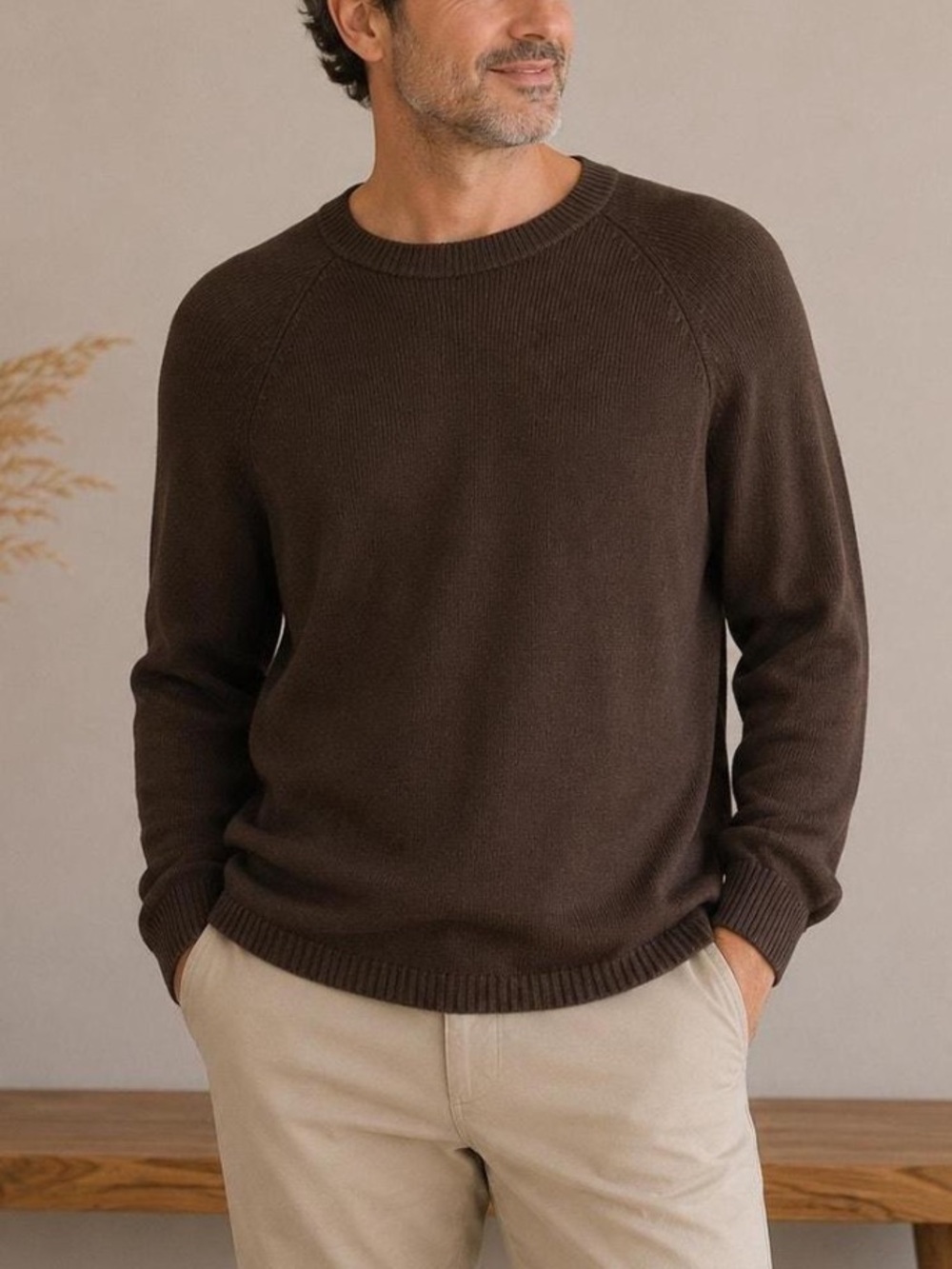 Express Men's Classic Crewneck Knit Sweater in Dark Brown 100% Cotton